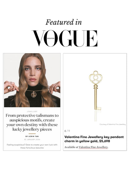 Lucky 2026 year of the fire horse jewellery - Vogue featured large solid 18k gold key pendant by Valentina Fine Jewellery Hong Kong. A talisman to protect your peace and bring you wealth and luck in 2026.