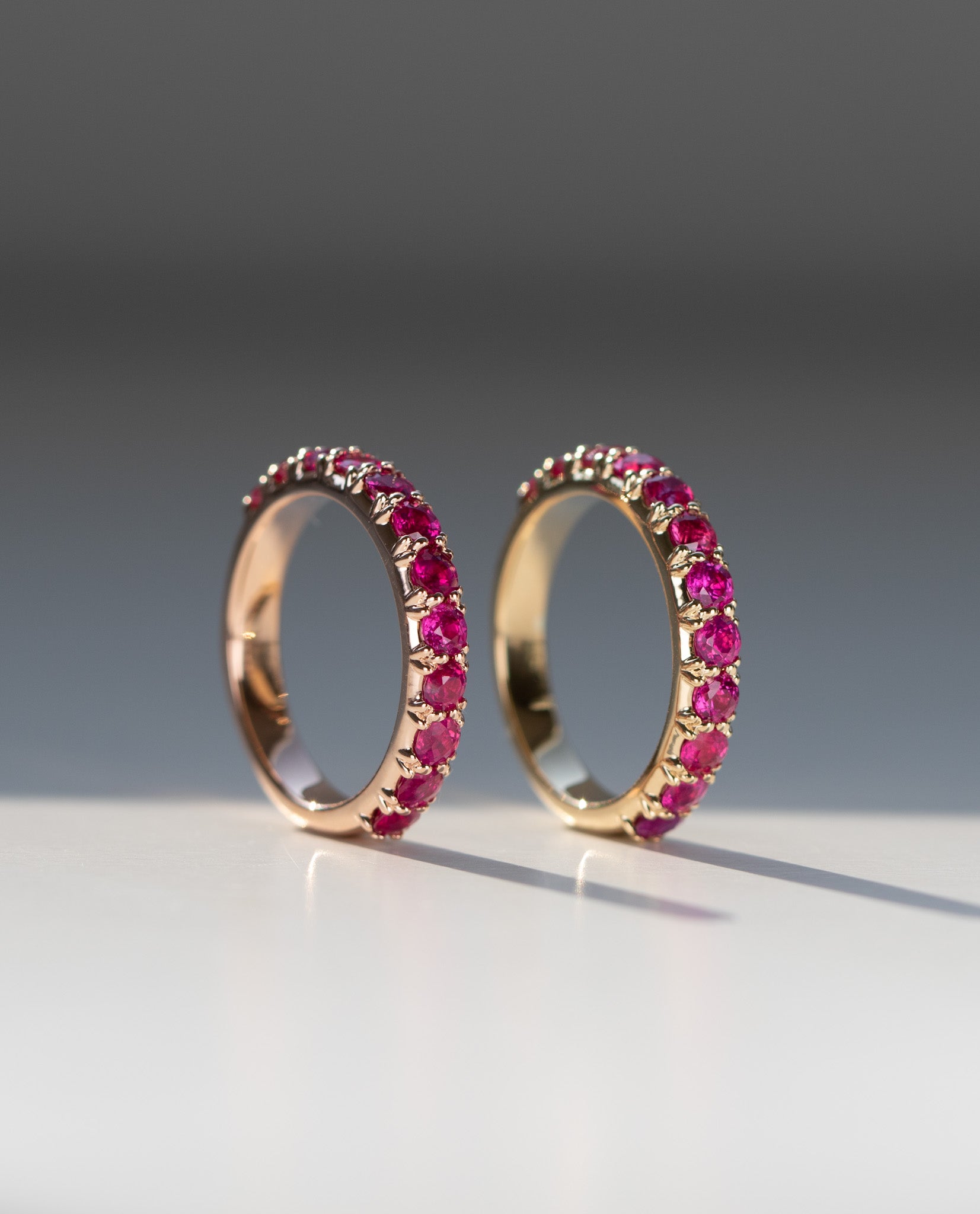 No Heat Burma Ruby eternity band in 18k yellow and rose gold by Valentina Fine Jewellery Hong Kong. Global free shipping including USA, Australia, Dubai, UK and Singapore.