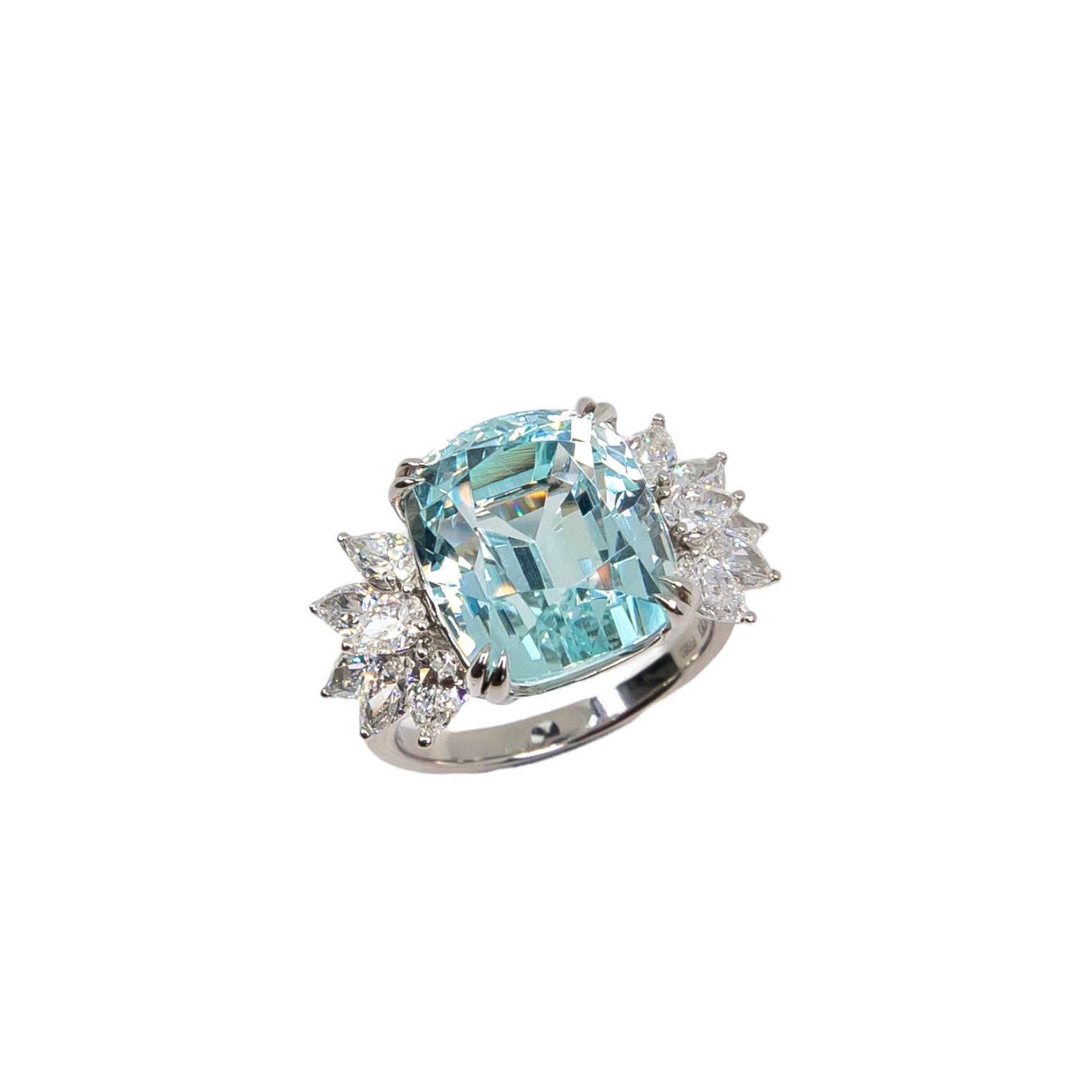 Cushion cut aquamarine and diamond ring with pear cut diamonds in 18k gold by Valentina Fine Jewellery Hong Kong. Global free shipping including USA, Dubai, Singapore, Australia and UK