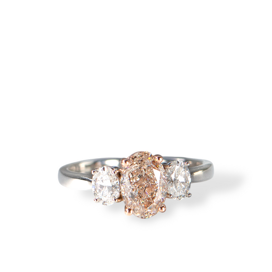 Faint Brown Pinkish diamond oval engagement ring with oval side diamonds by Valentina Fine Jewellery Hong Kong. Global free shipping including China, Australia, USA, Singapore and Taiwan