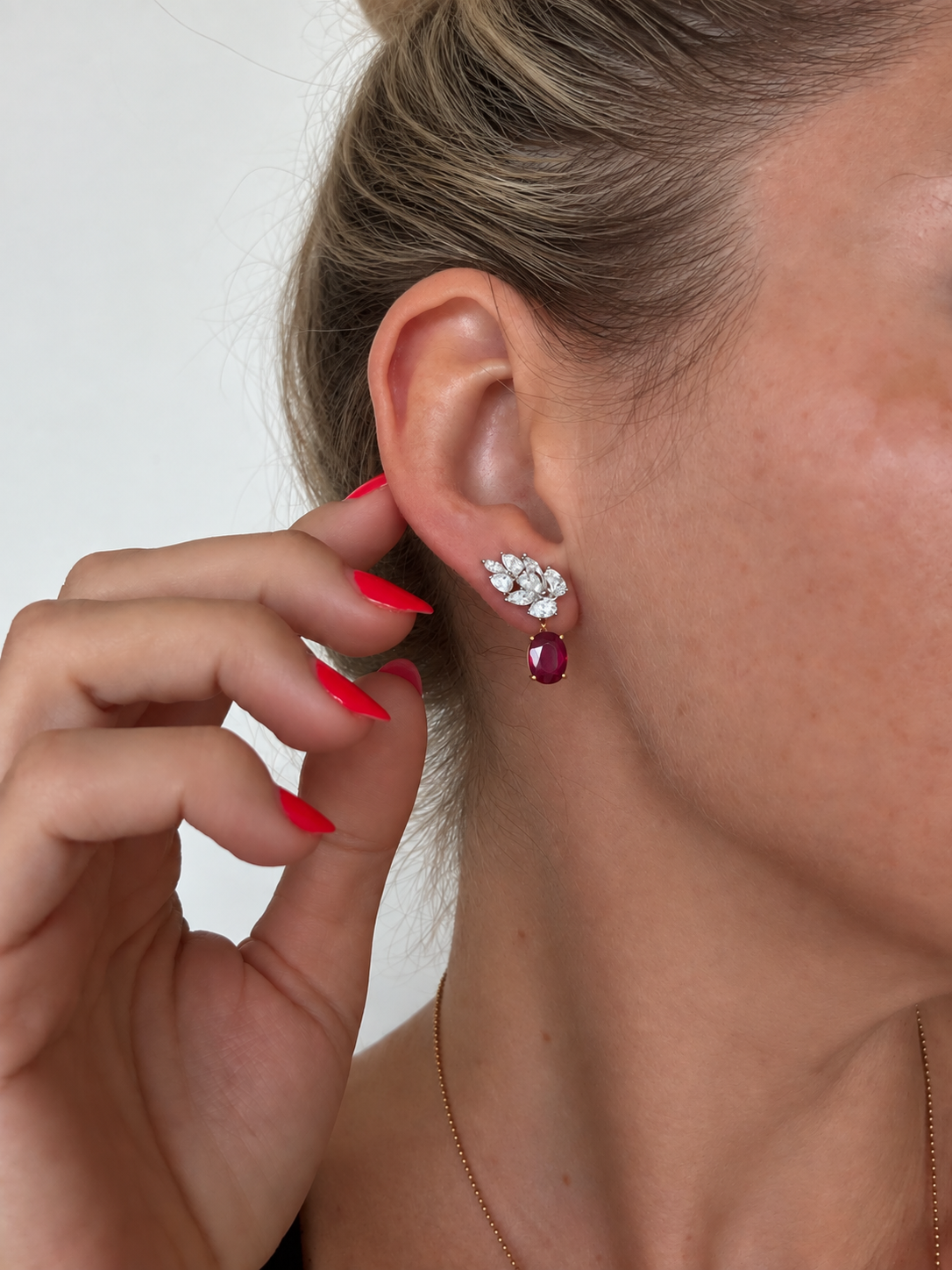Detachable ruby drop earrings with diamond wings stud in 18k gold and platinum by Valentina Fine Jewellery Hong Kong. USA UK Australia New Zealand global free shipping