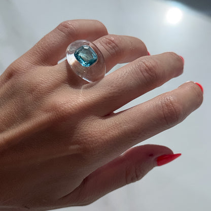 Liquid Ice: clear lucite and gemstone ring with a blue stone hand carved by Anastasia at Valentina Fine Jewellery Hong Kong. Global free shipping including USA, Canada, Australia, UK, UAE and Singapore