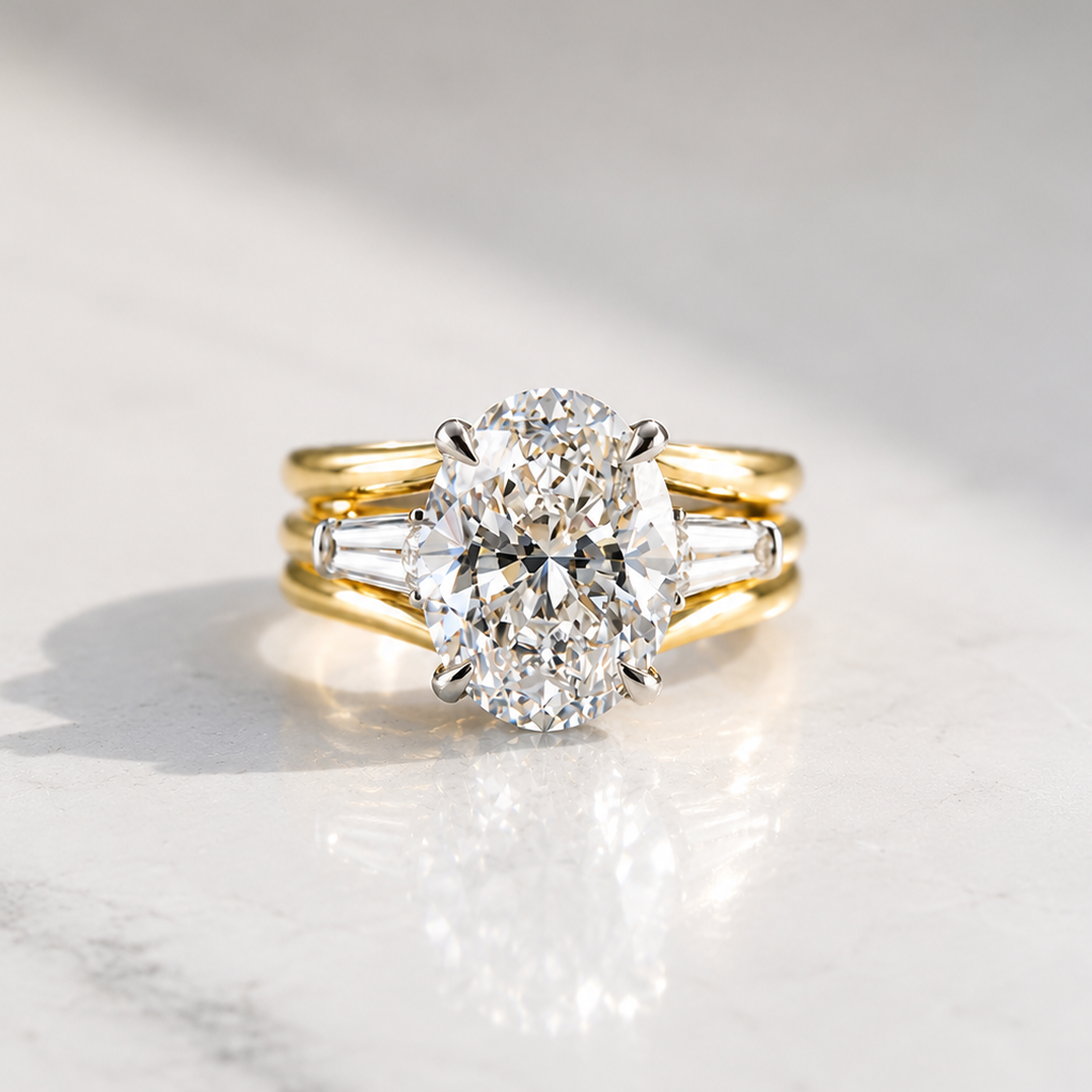 The Muse by Valentina Fine Jewellery Hong Kong, a 3 row bands engagement ring with tapered baguettes. Global shipping to USA Canada China Europe UK and Australia