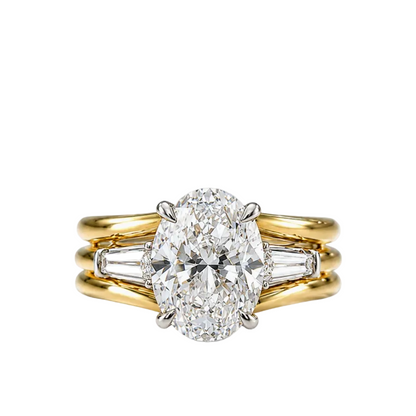 Three row diaond engagement ring oval diamond with tapered baguettes - The Muse by Valentina Fine Jewellery HK. Global shipping to USA, UK, Singapore, Australia and China.