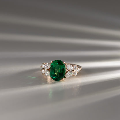 Natural floral style emerald and diamond bespoke engagement ring made in Hong Kong in rose gold by Valentina Fine Jewellery. Global free shipping including USA, Singapore, Australia and China