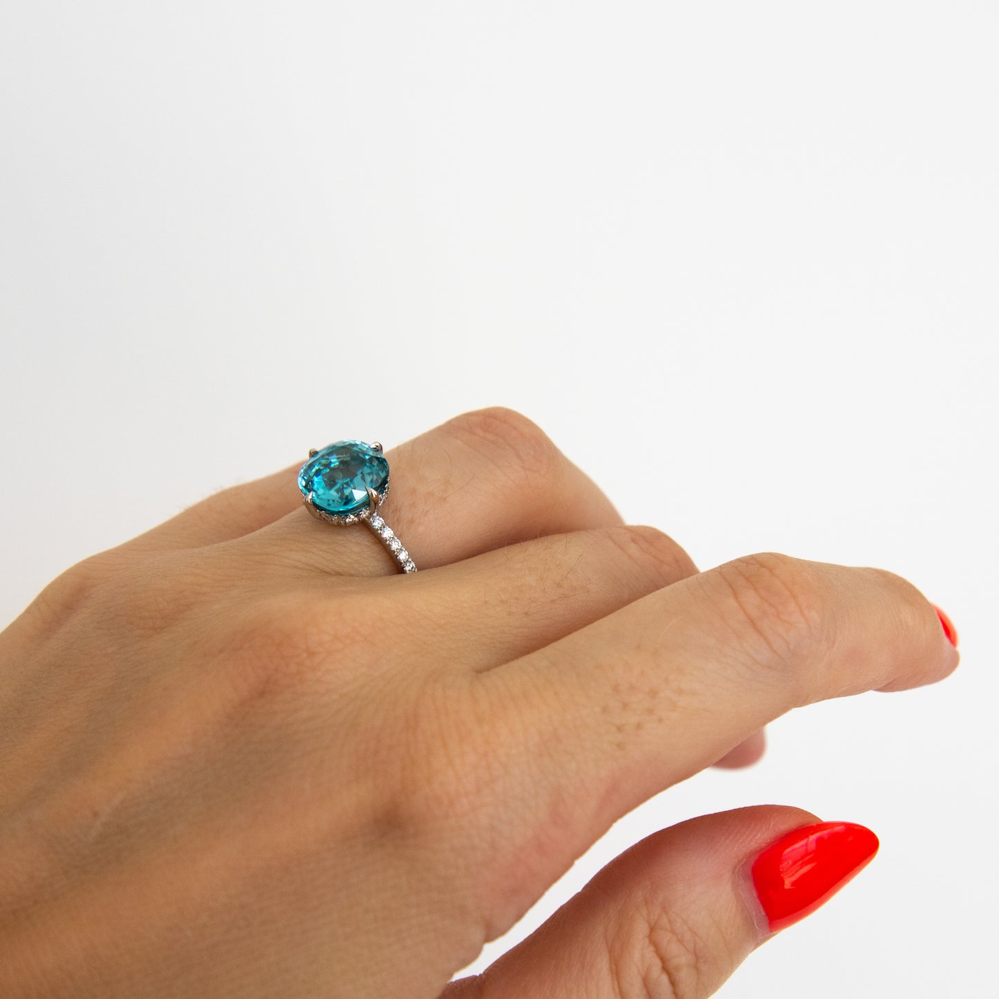 Natural blue zircon and diamond ring in platinum by Valentina Fine Jewellery Hong Kong. Free shipping globally including USA UK Australia