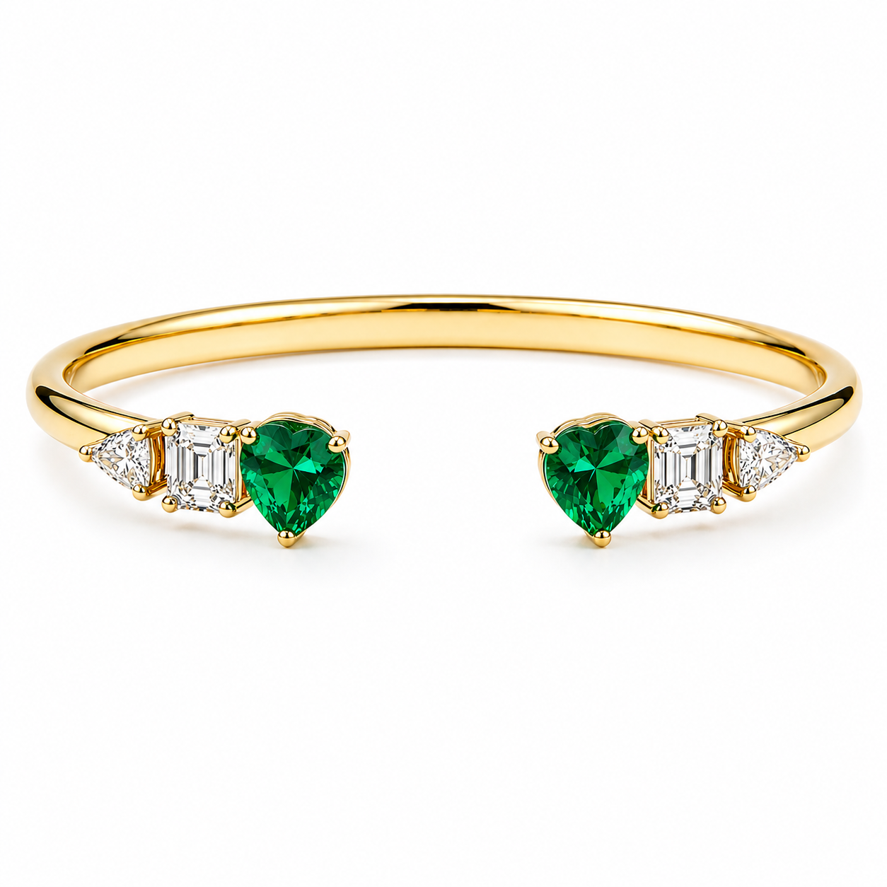 Heart shape emerald and diamond open torque bracelet in 18k yellow gold by Valentina Fine Jewellery Hong Kong. Free shipping to USA Singapore China and UK