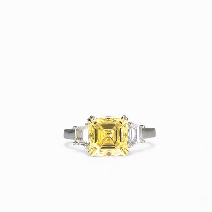 Asscher Cut Yellow Diamond Engagement Ring with trapezoids in platinum and 18k yellow gold by Valentina Fine Jewellery Hong Kong. Global free shipping including USA, Australia, Singapore, China and New Zealand 