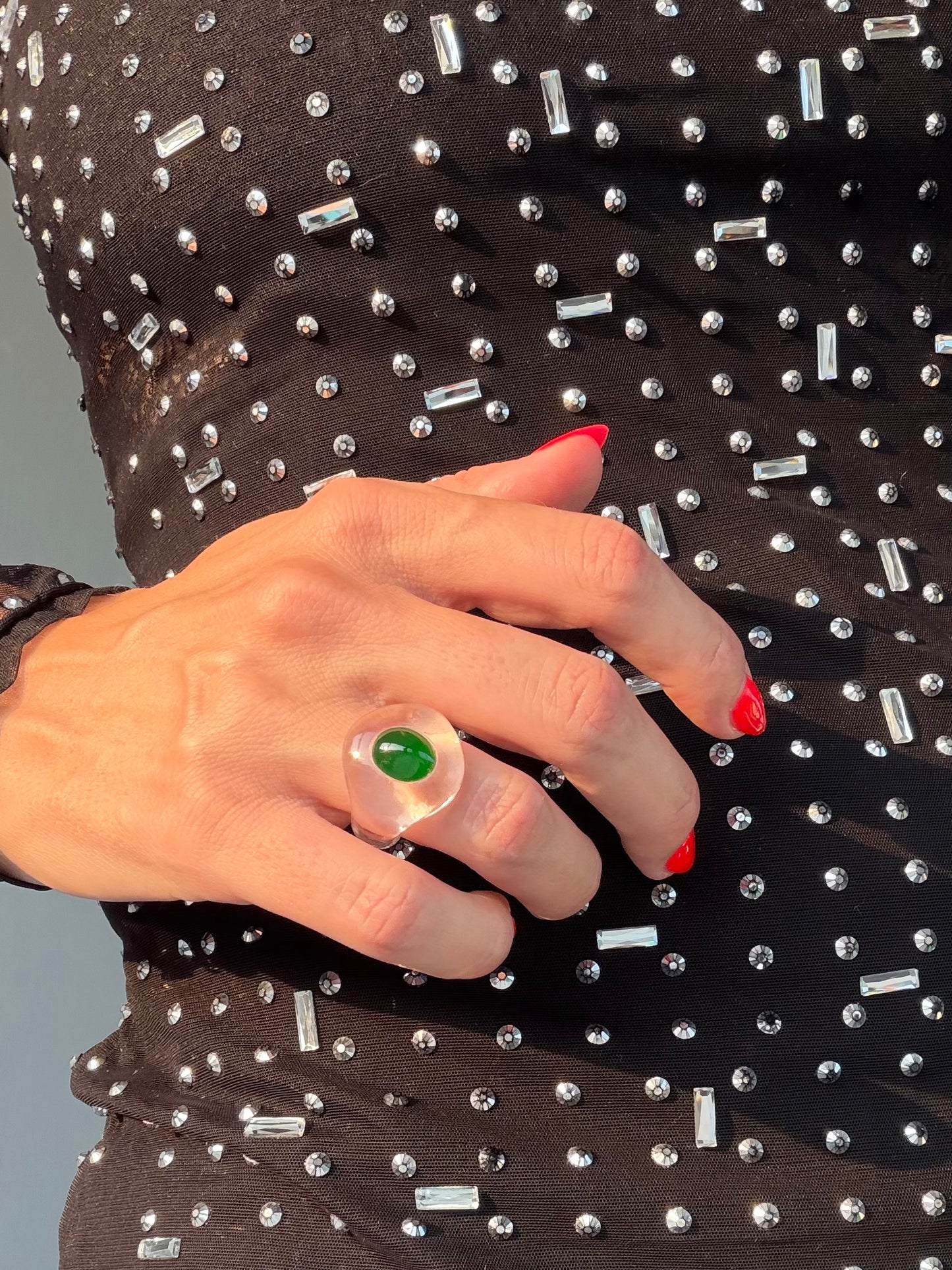 YU YI 如意: Type A Fei Cui & Hand-Carved Lucite Ring