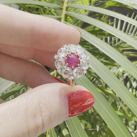 Ruby and rose cut diamond cluster ring