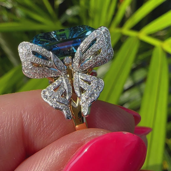 15 carat blue topaz and diamond butterfly ring in 18k gold and platinum by Valentina Fine Jewellery Hong Kong. Global free shipping including USA, UK, Dubai, Qatar and Australia.