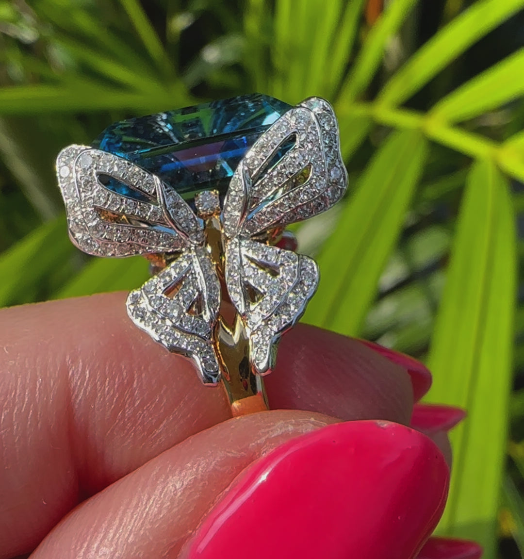 15 carat blue topaz and diamond butterfly ring in 18k gold and platinum by Valentina Fine Jewellery Hong Kong. Global free shipping including USA, UK, Dubai, Qatar and Australia.