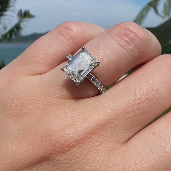 3 carat emerald cut lab grown diamond ring on hand in platinum by Valentina Fine Jewellery Hong Kong. Global free shipping including USA UK Singapore Australia. Ring concierge services available in HK.