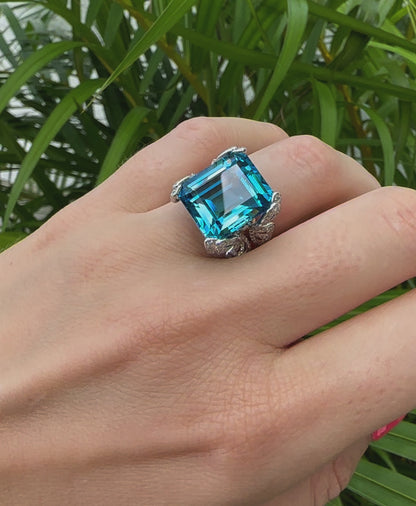 15 carat electric blue topaz and diamond butterfly ring in 18k gold and platinum by Valentina Fine Jewellery Hong Kong. Global free shipping including USA, UK, Dubai, Qatar and Australia.