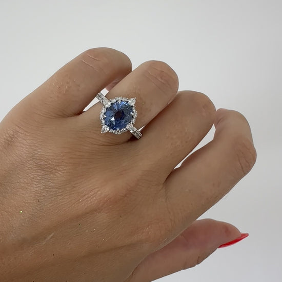 Four-Pointed Halo No Heat Oval Sapphire & Diamond Engagement Ring in platinum by Valentina Fine Jewellery Hong Kong. Global free shipping including USA, Australia, Singapore and China