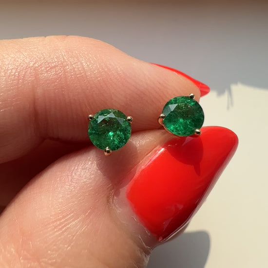 Round Emerald Studs in 18k Yellow Gold by Valentina Fine Jewellery Hong Kong. Global free shipping including UK and USA
