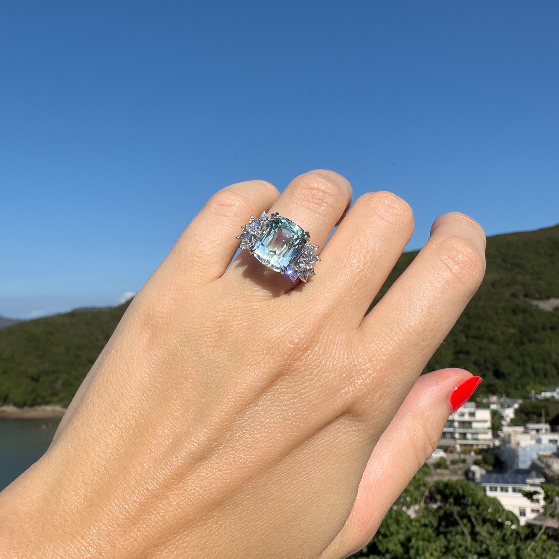 Cushion cut aquamarine and diamond ring with pear cut diamonds in 18k gold by Valentina Fine Jewellery Hong Kong. Global free shipping including USA, Dubai, Singapore, Australia and UK