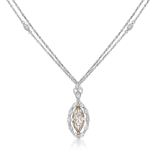 Champagne colour marquise diamond necklace with double diamond chain, diamonds by the yard, Hong Kong, marquise diamond pendant 18K White Gold