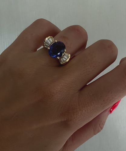 Solid Gold Chunky 80s Style Tanzanite and Diamond Ring by Valentina Fine Jewellery Hong Kong. Global free shipping including USA, UK, Singapore, Dubai, Taiwan and Australia.