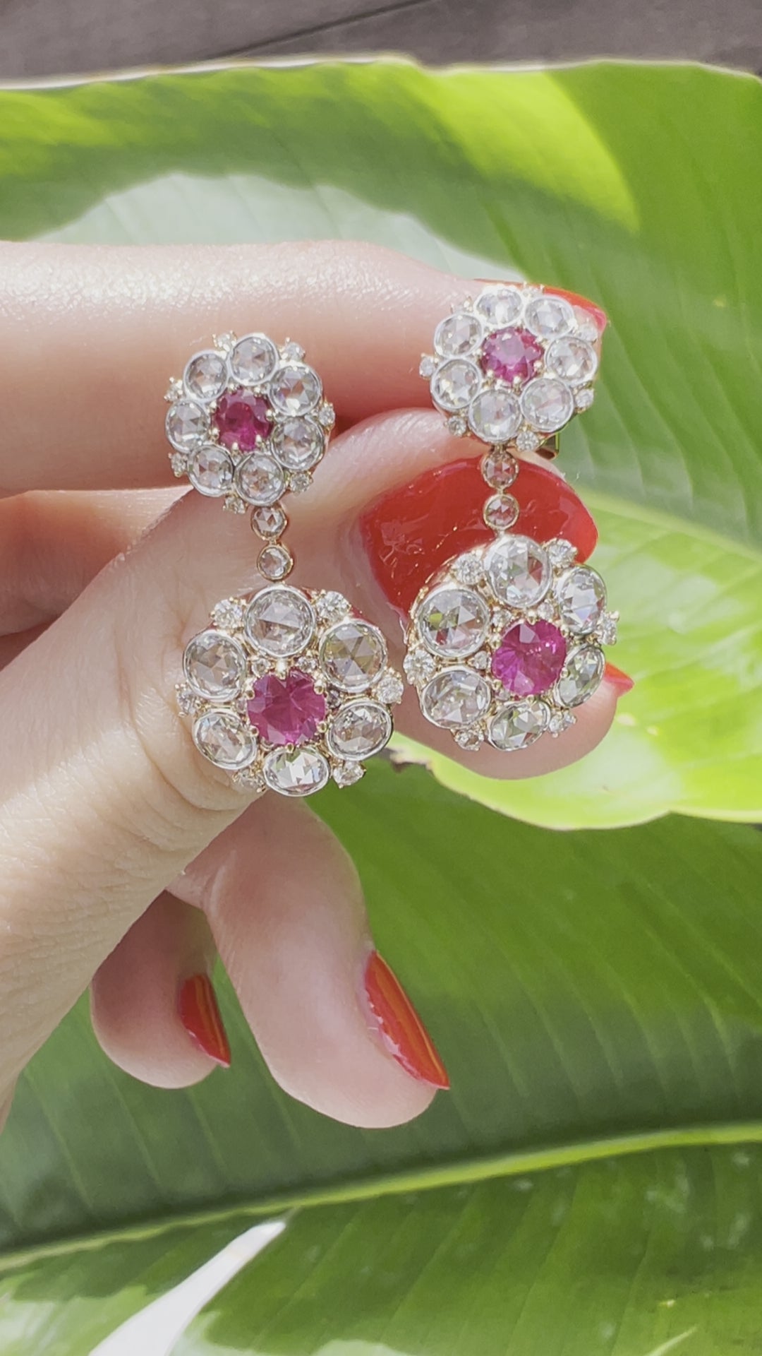 Ruby and rose cut diamond cluster drop earrings in rose gold