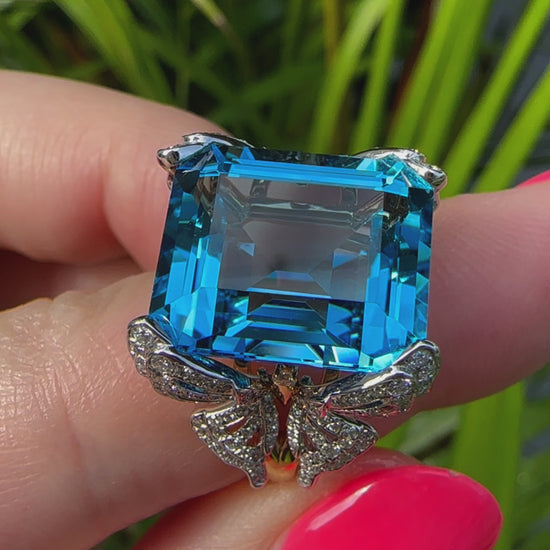 15 carat blue topaz and diamond butterfly ring in 18k gold and platinum by Valentina Fine Jewellery Hong Kong. Global free shipping including USA, UK, Dubai, Qatar and Australia.