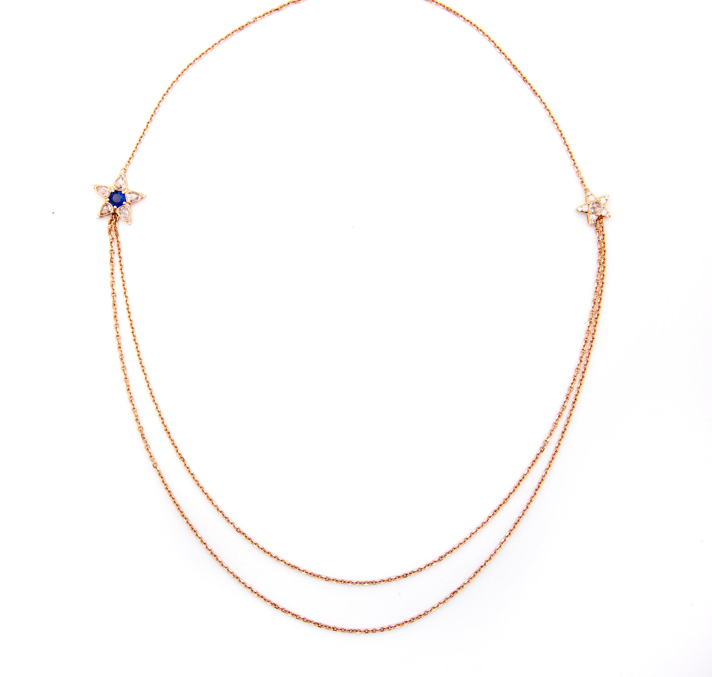 Diamond and sapphire double star chain necklace by 18k rose gold by Valentina Fine Jewellery Hong Kong. Rose cut diamonds and Ceylon sapphire. Free global shipping including USA, UK and Australia.