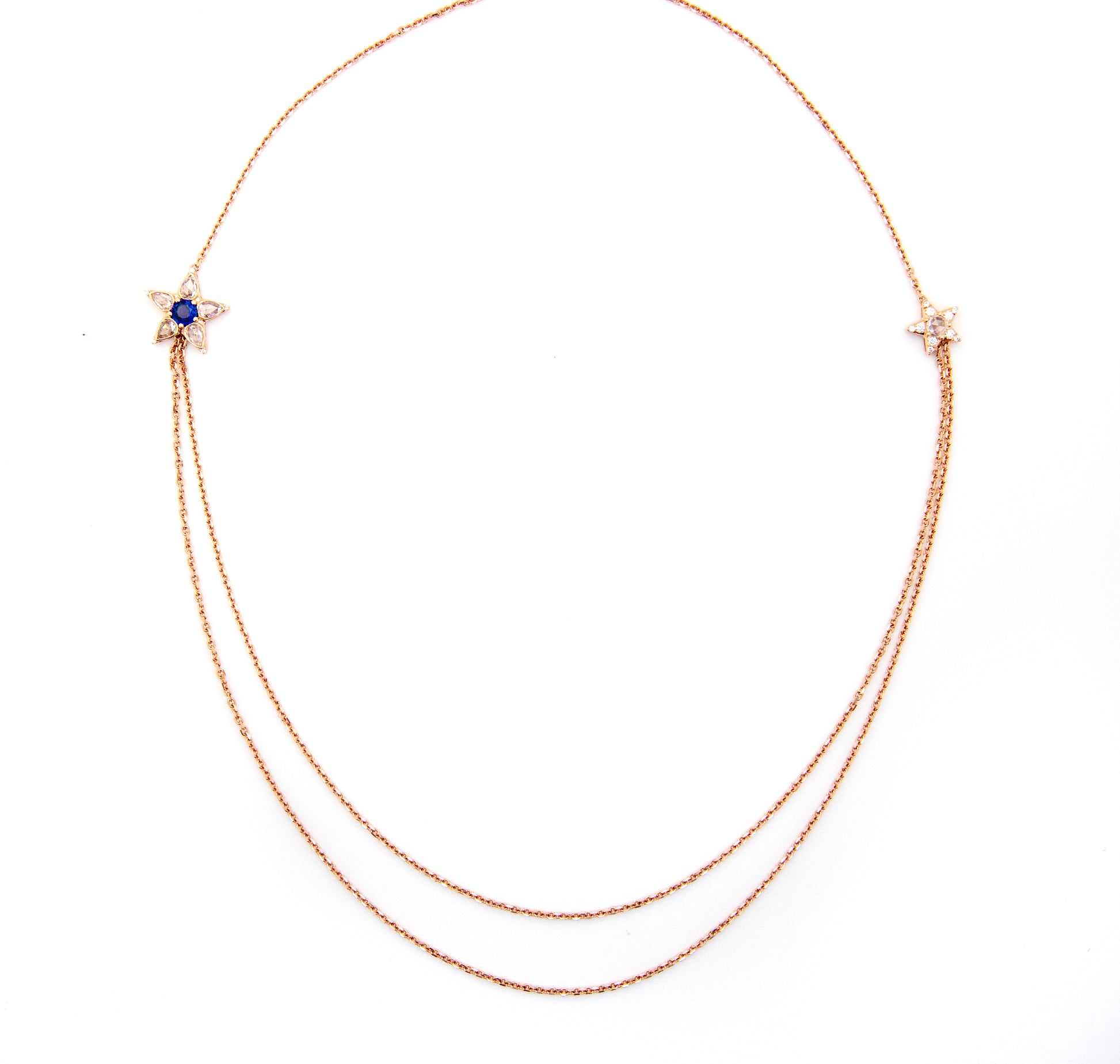 Diamond and sapphire double star chain necklace by 18k rose gold by Valentina Fine Jewellery Hong Kong. Rose cut diamonds and Ceylon sapphire. Free global shipping including USA, UK and Australia.