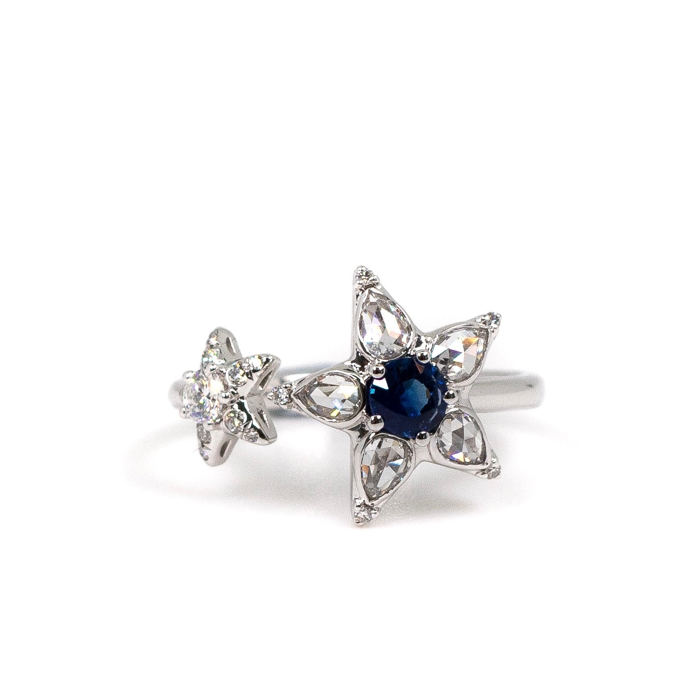 Rose cut diamond and sapphire open star ring