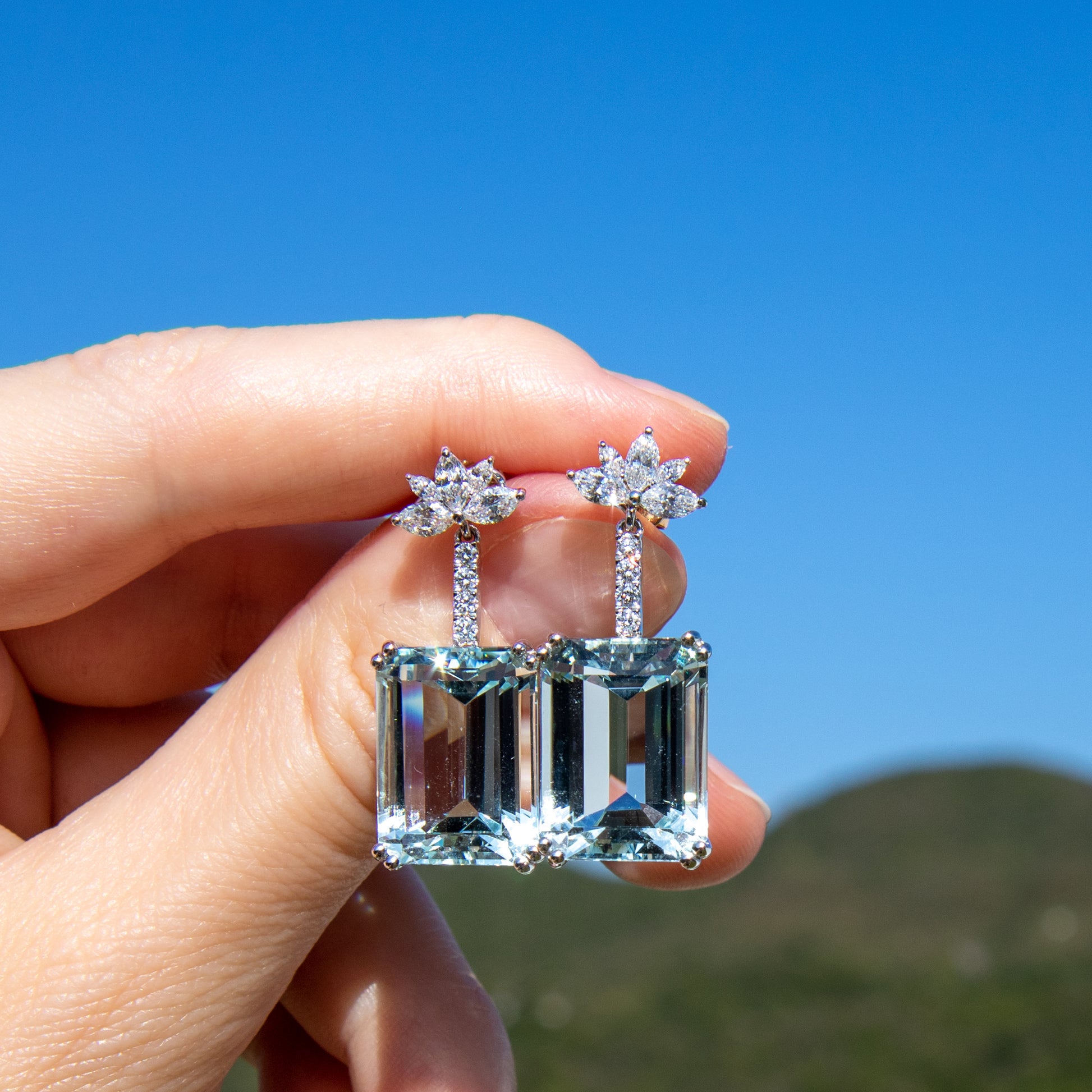 Emerald cut aquamarine and diamond drop earrings, two way earrings, marquise diamond studs in 18k gold by Valentina Fine Jewellery Hong Kong. Global free shipping including USA, Dubai, Singapore, Australia and UK
