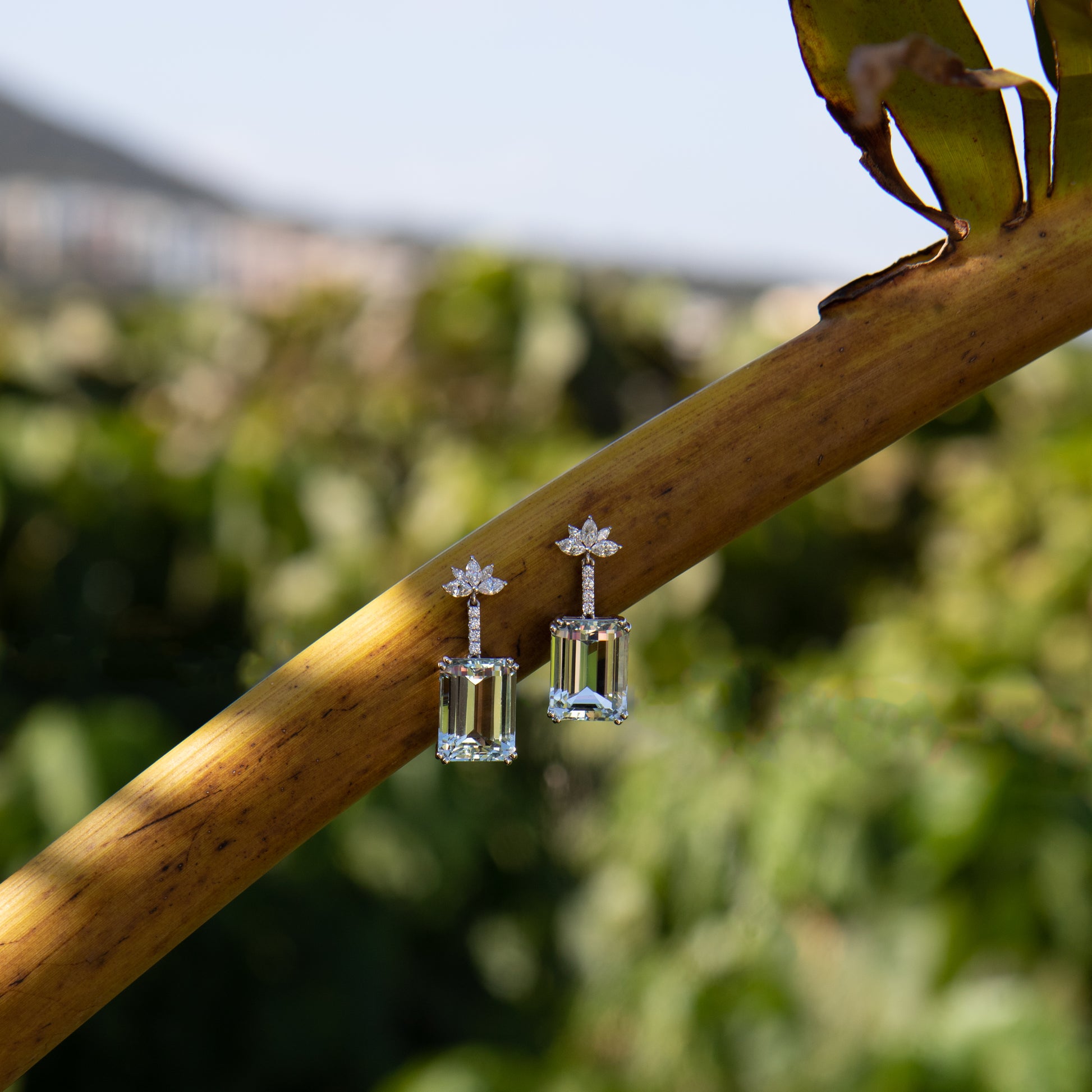 Emerald cut aquamarine and diamond drop earrings, two way earrings, marquise diamond studs in 18k gold by Valentina Fine Jewellery Hong Kong. Global free shipping including USA, Dubai, Singapore, Australia and UK
