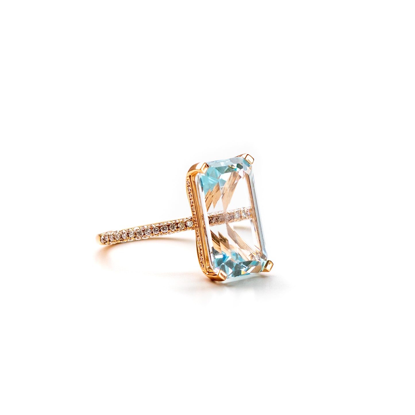 Aquamarine and Diamond micropave cocktail ring in 18K Rose Gold