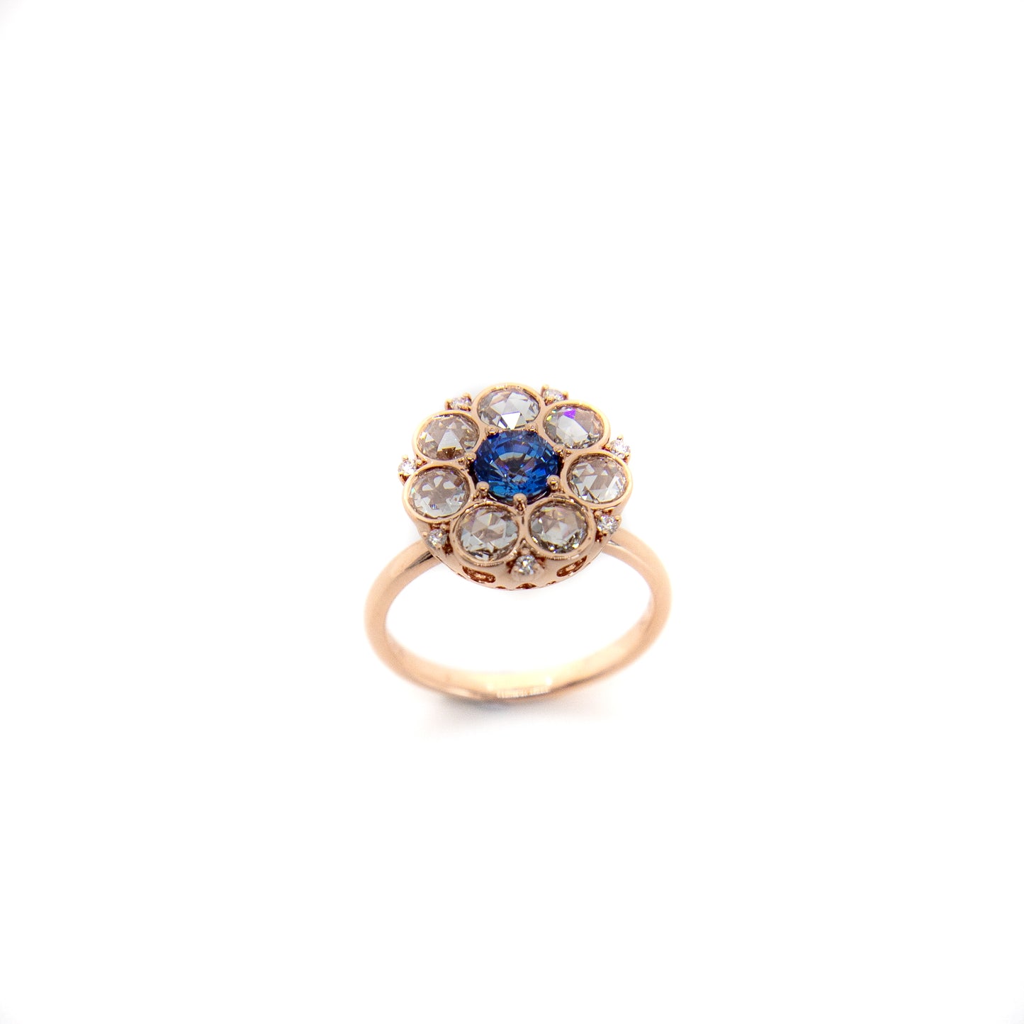 sapphire diamond cluster ring, rose cut diamonds, rose cut diamond ring, light blue sapphire ring, sapphire cluster ring, antique ring, rose cut, hong kong jewellery, ornate jewellery, cocktail ring, 