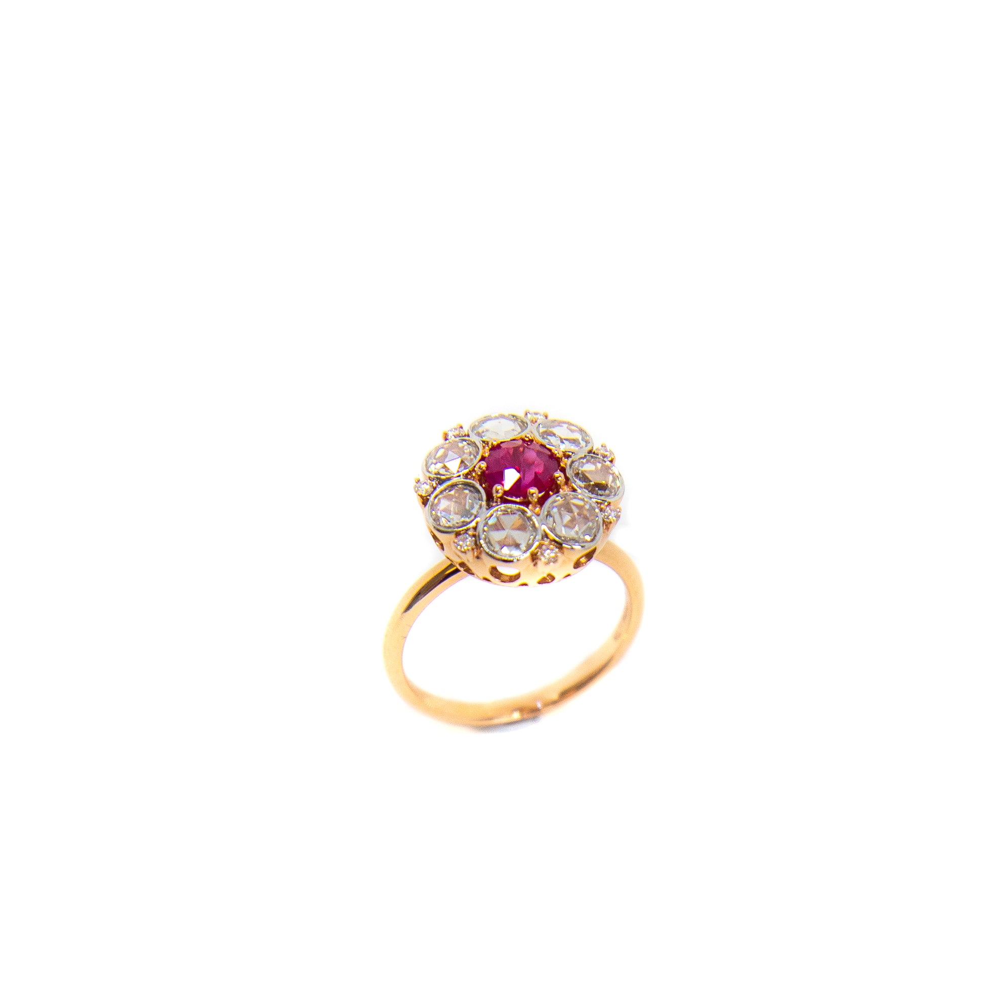 Ruby and rose cut diamond cluster ring in Rose Gold