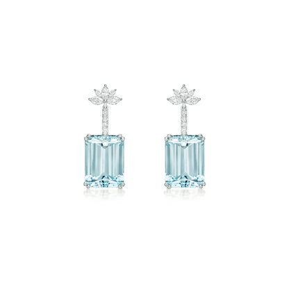 Emerald cut aquamarine and diamond drop earrings