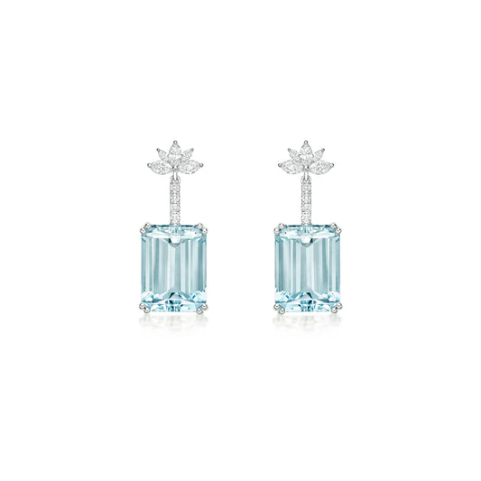 Emerald cut aquamarine and diamond drop earrings