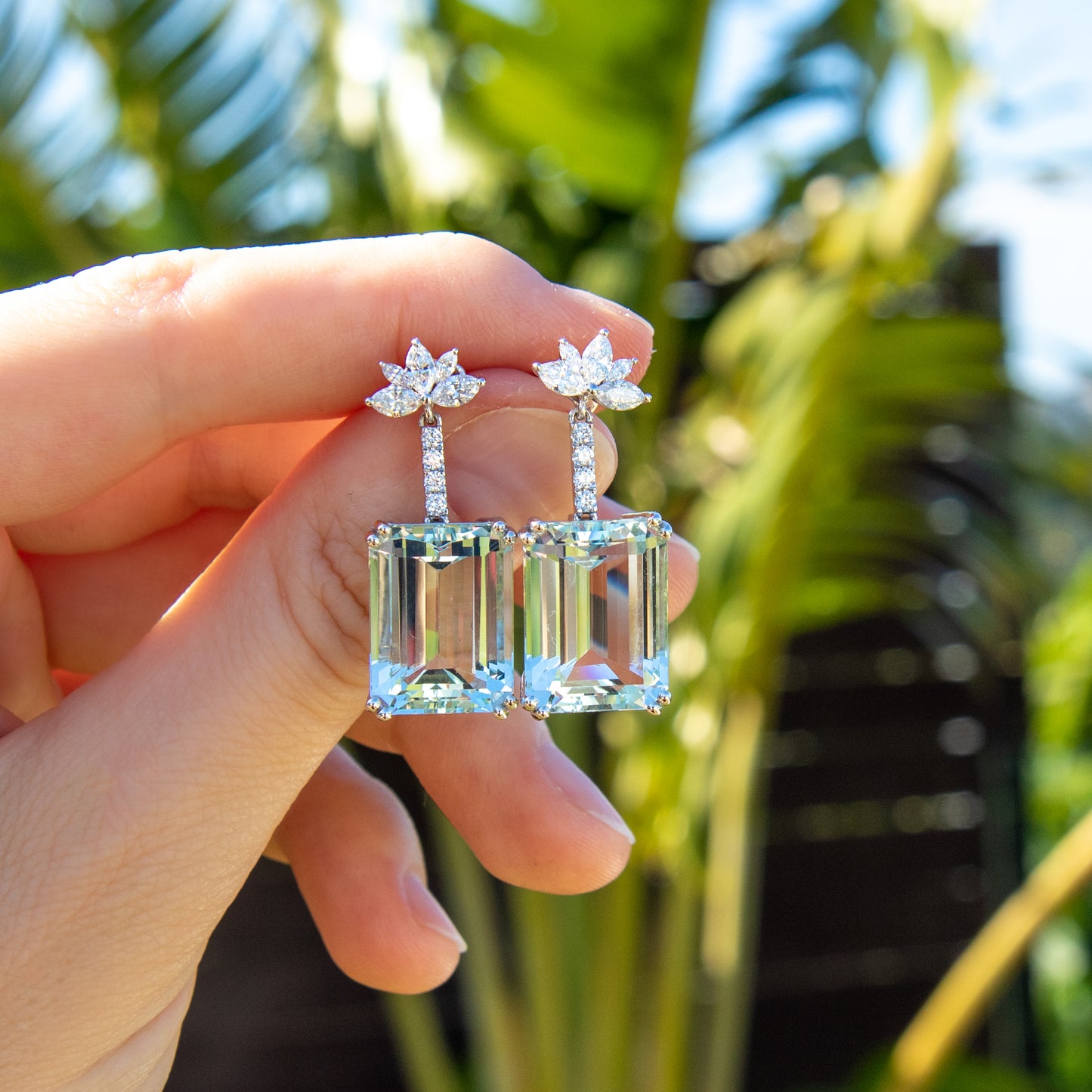 Emerald cut aquamarine and diamond drop earrings, two way earrings, marquise diamond studs in 18k gold by Valentina Fine Jewellery Hong Kong. Global free shipping including USA, Dubai, Singapore, Australia and UK