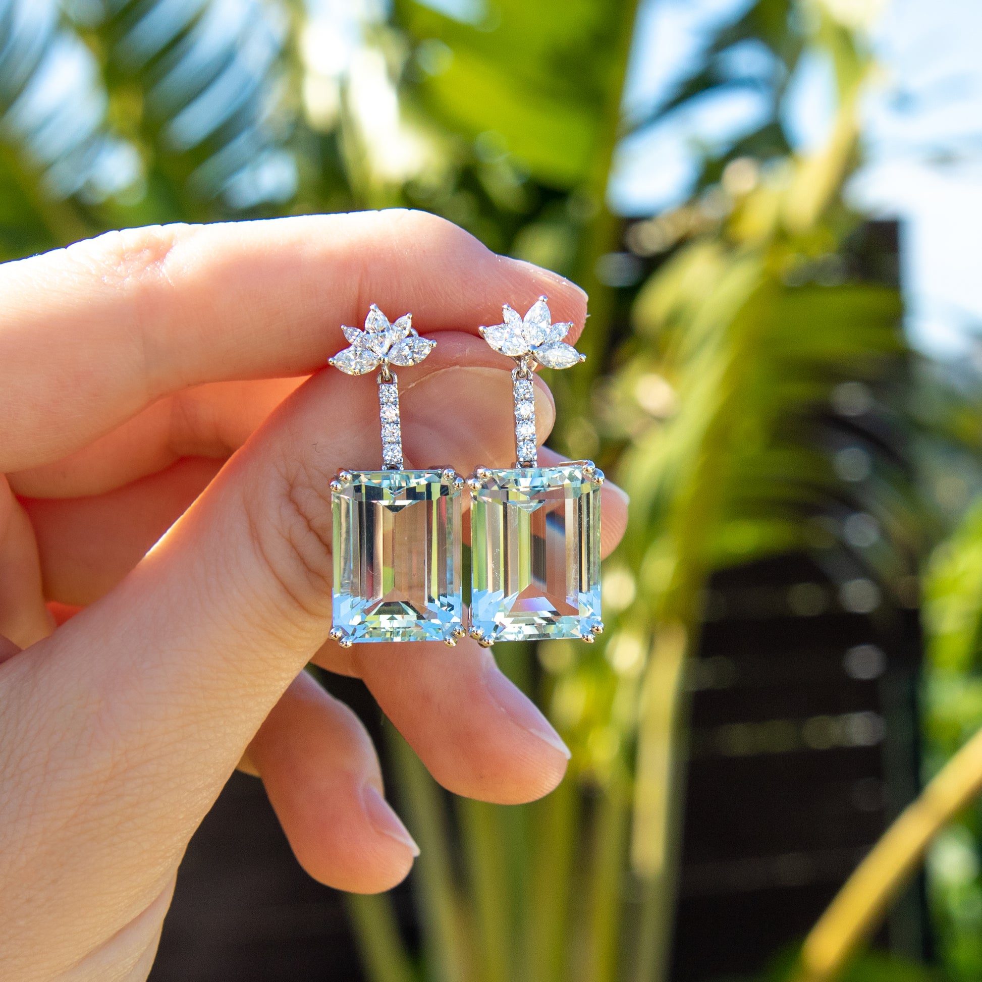 Emerald cut aquamarine and diamond drop earrings, two way earrings, marquise diamond studs in 18k gold by Valentina Fine Jewellery Hong Kong. Global free shipping including USA, Dubai, Singapore, Australia and UK