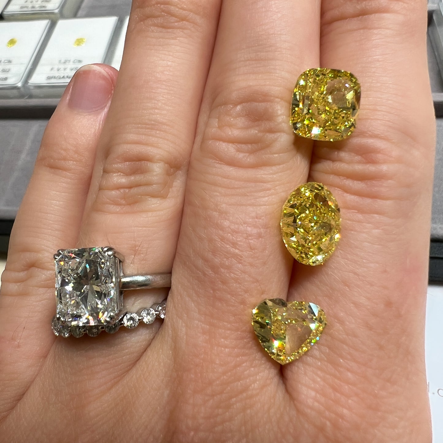 Fancy Vivid and Fancy Intense Yellow Diamonds, Cushion, Oval and Heart Shape engagement rings