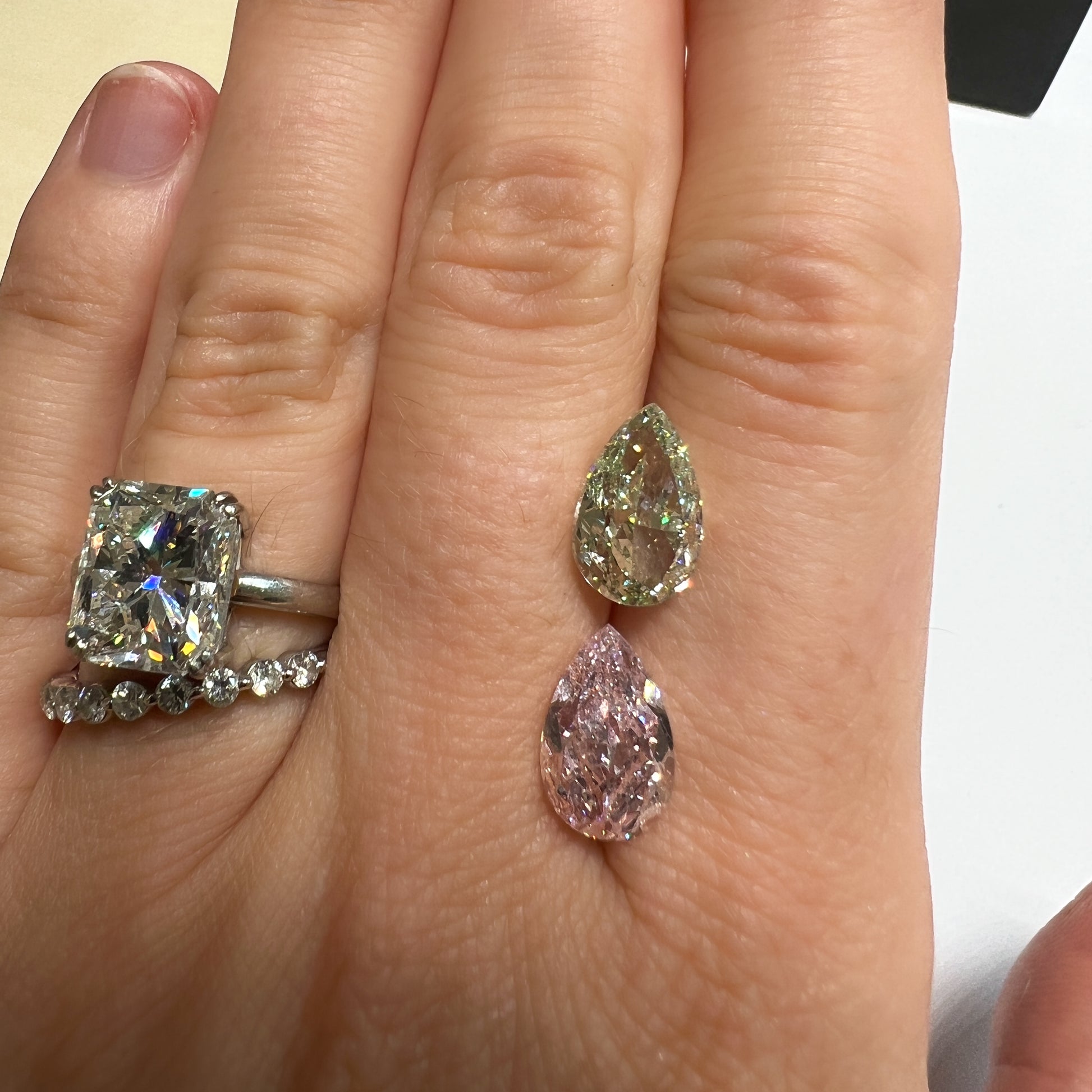 Fancy Green and Fancy Pink pear shape diamonds Hong Kong