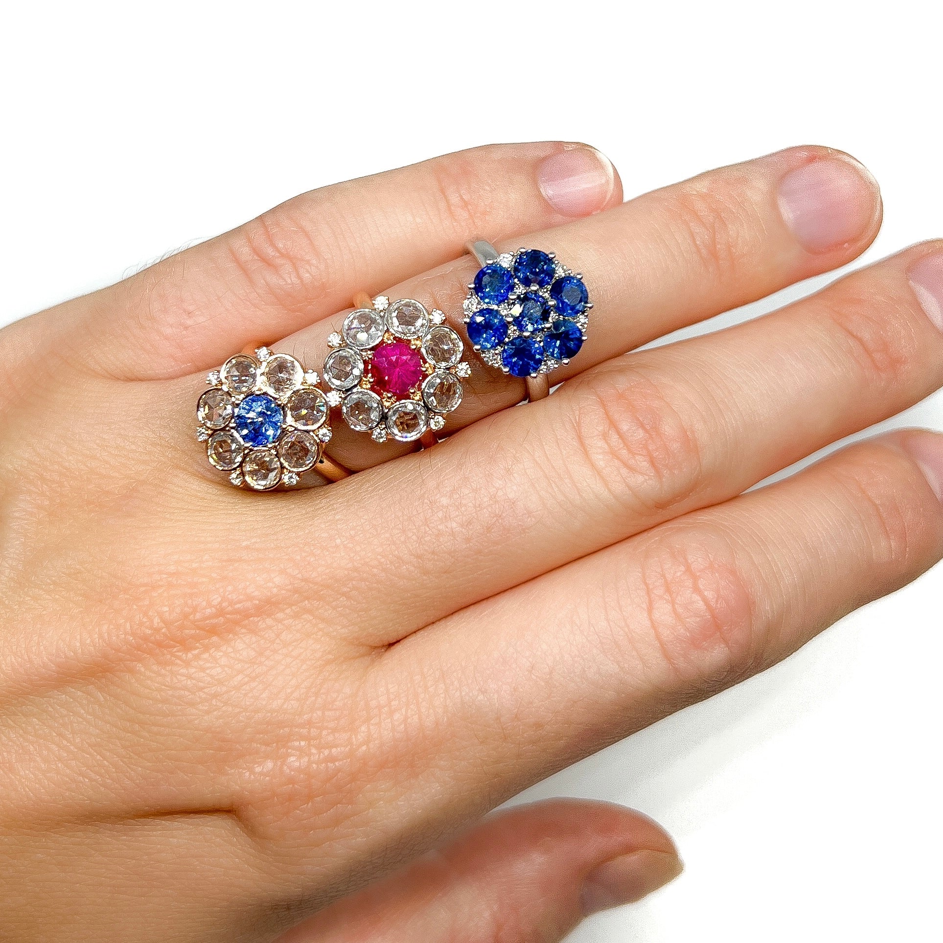 Diamond and sapphire and ruby Cluster rings